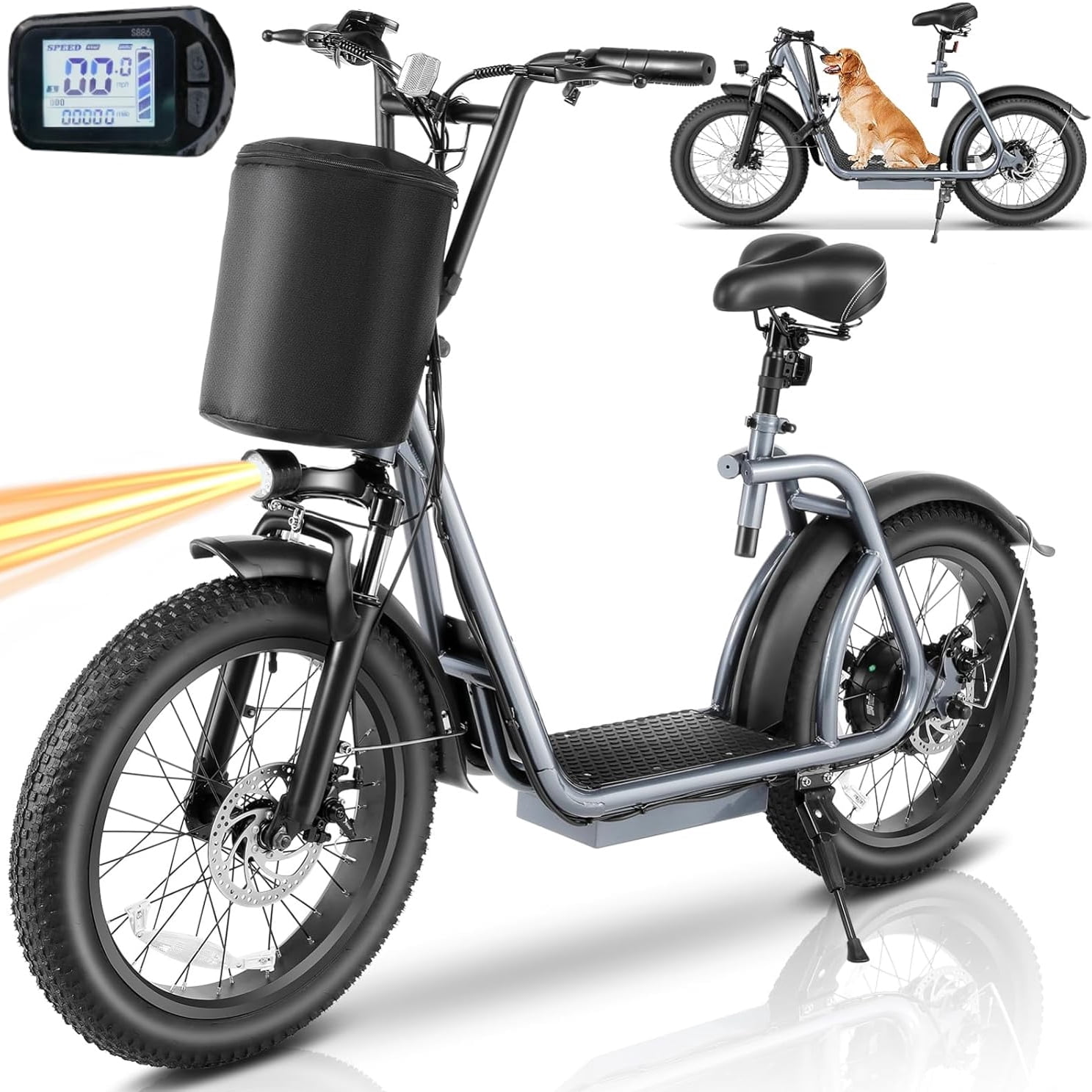 HOTEEL Max Electric Bike for Adults with 819W Peak Motor, 30Miles 20MPH Commuting Electric Scooter with Adjustable Seat & Carry Basket, 20" Tires, Gray