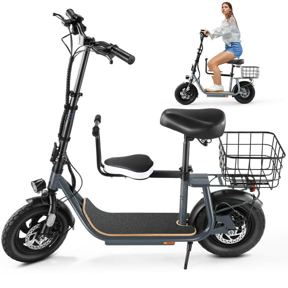 Caroma Peak 1200W Electric Scooter with Seat, Detachable Front Seat, 20mph Top Speed＆30 Miles Max Range, 12 inch Commuter E-Scooter with Basket for Adults, Gray