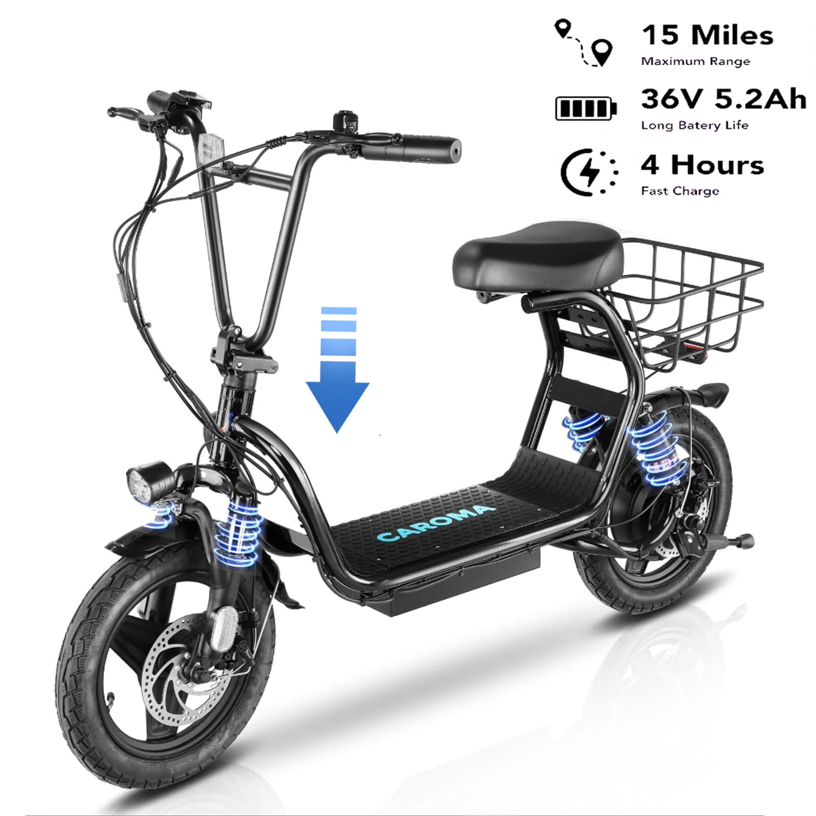 Caroma Folding 20 mph Adults Electric Scooter with Seat, Alloy Steel Black, 65 lbs