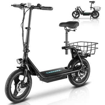 Caroma Peak 819W Electric Scooter with Seat, 14" Tire Electric Scooter Bike for Adults, 48V Battery UP to 25 Miles, 20MPH Ebike, Foldable Adult Electric Bicycles with Basket&Shock Absorbing Seat Black