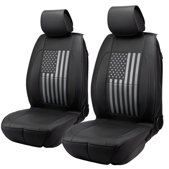 Car Seat Covers Front Set, Universal Fit, Premium 5-Layer Padded Napa Leather Soft Water-proof seat cushion with Front Storage Pocket & Non-Slip Back(Vertical flag)