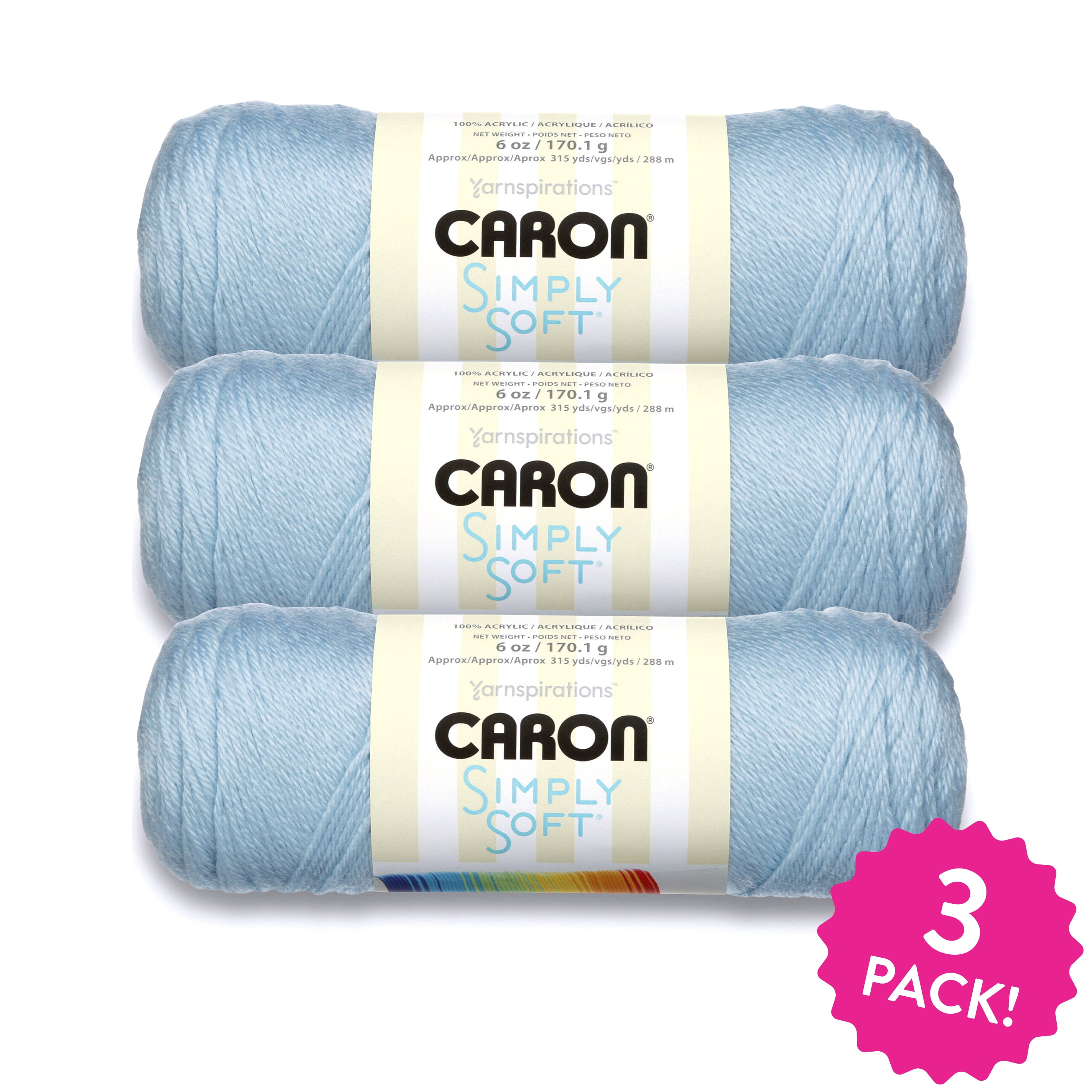 Caron Simply Soft 4 Medium Acrylic Yarn, Soft Blue 6oz/170g, 315 Yards (3 Pack), Size: Medium (4)