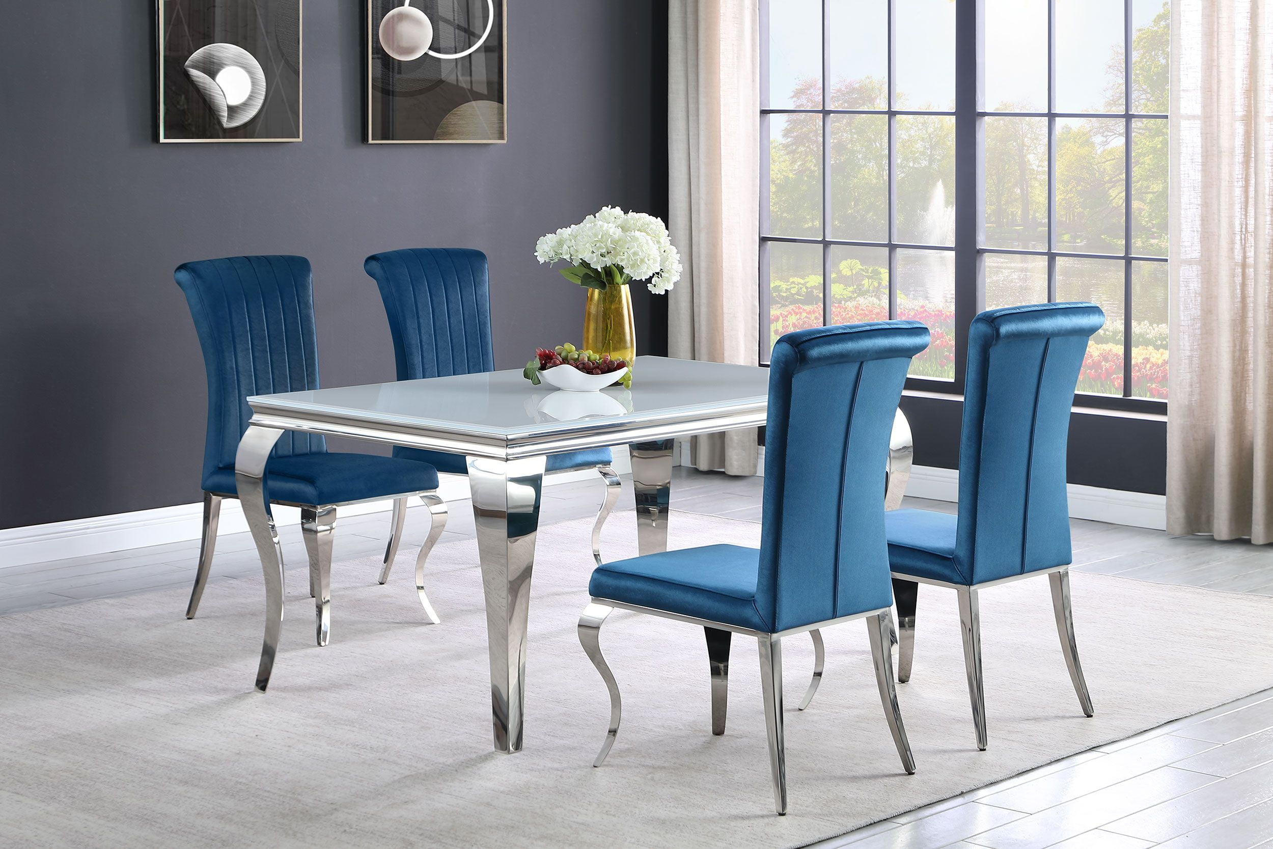 Carone 5-Piece Blue Velvet Dining Set with Glass Top