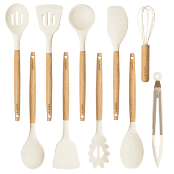 CAROTE 10-Piece Silicone and Wood Cooking Utensil Set, Heat-Resistant, Safe for Nonstick Cookware