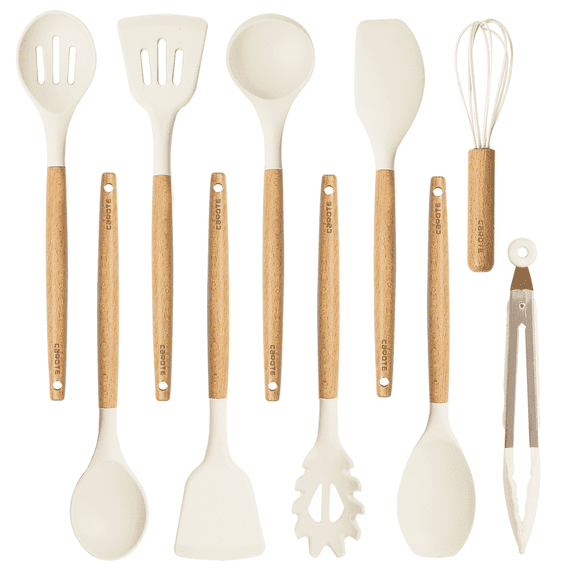 Carote 10-Piece Silicone and Wood Cooking Utensil Set, Heat-Resistant, Safe for Nonstick Cookware