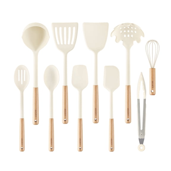 CAROTE 10-Piece Silicone and Wood Cooking Utensil Set, Heat-Resistant, Safe for Nonstick Cookware
