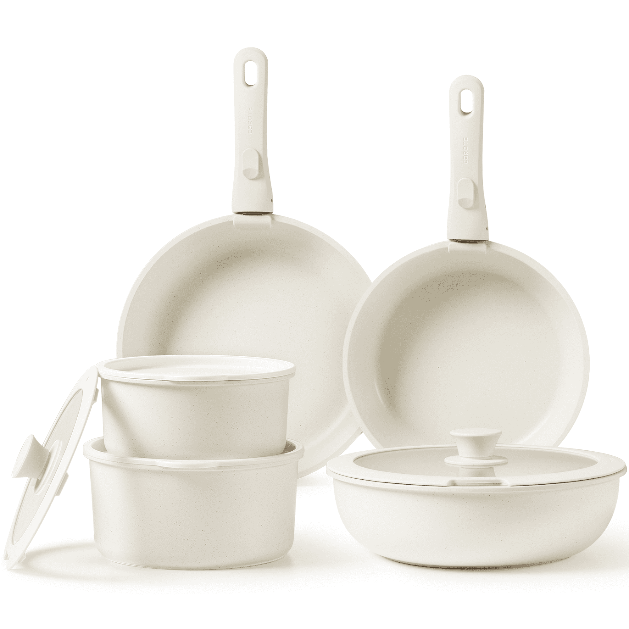 Cream White 11-Piece Nonstick Cookware Set with Detachable Handle