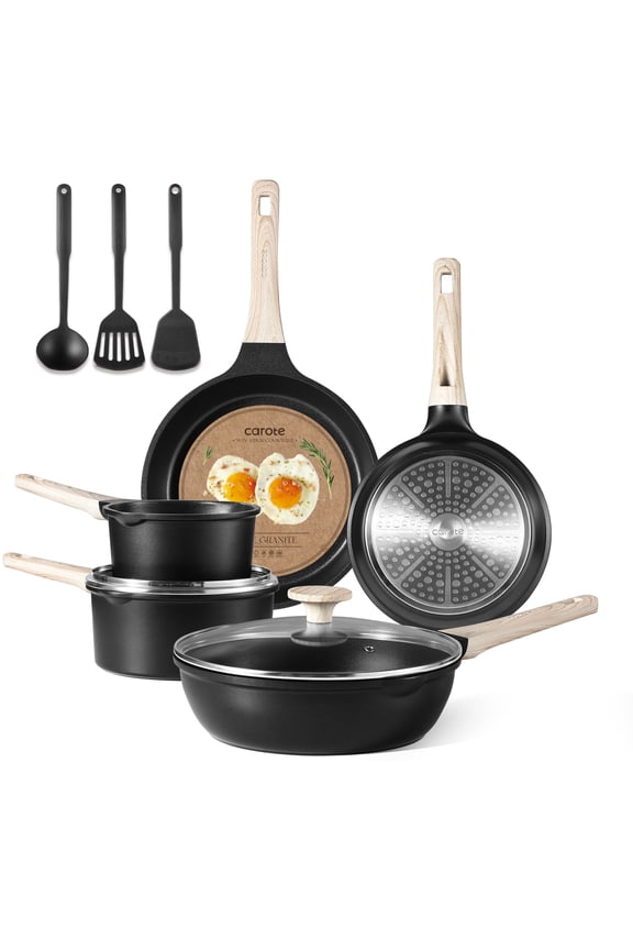 Nonstick Cookware Set 10-Piece,Kitchen Pots and Pans Set,Stay-Cool Handles,Induction Compatible,Cookware Set for RV and Camping,Black