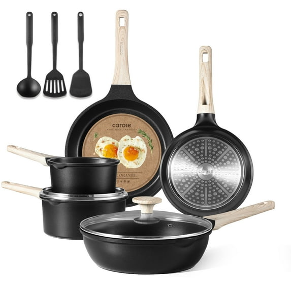 Carote Nonstick Cookware Set 10-Piece,Kitchen Pots and Pans Set,Stay-Cool Handles,Induction Compatible,Cookware Set for RV and Camping,Black