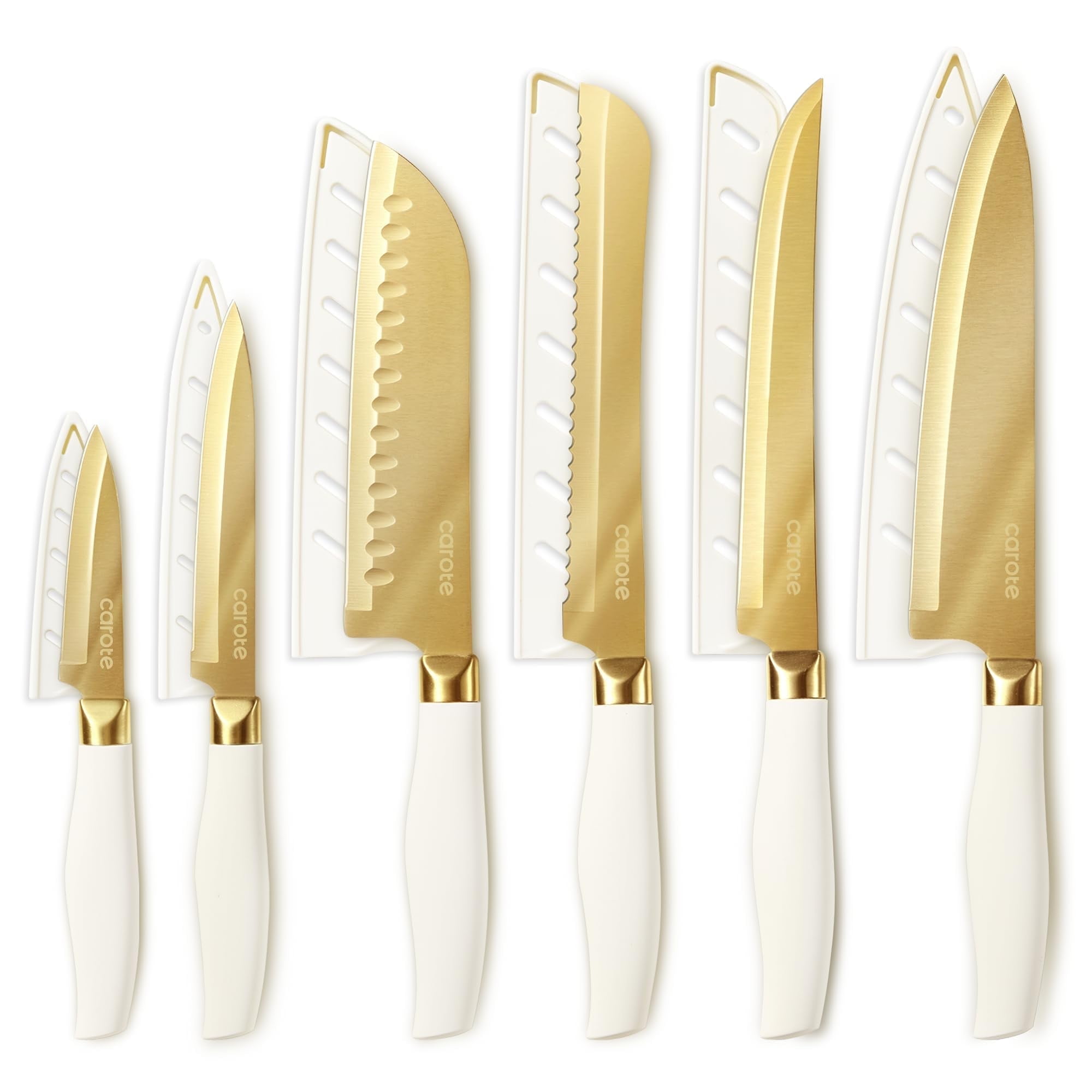 Carote 12PCS Knife Set with Blade Guards, Dishwasher Safe, Stainless Steel Blade, White and Gold