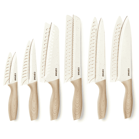 CAROTE 12-Piece Kitchen Knife Set with Blade Guards, White Granite Ceramic Knife, Stainless Steel