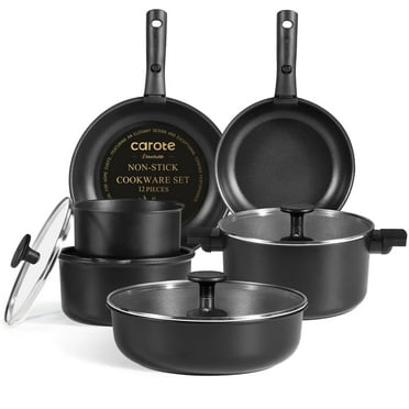 Carote 12 Pcs Nonstick Cookware Sets, Pots and Pans Set with Detachable Handle, Black