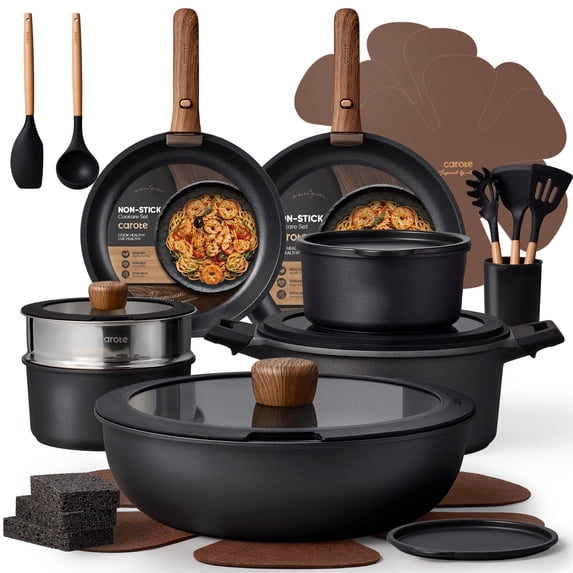 Carote 27-Piece Nonstick Cookware Set, Pots and Pans Set with Detachable Handle, Induction Compatible, Oven & Dishwasher Safe, Black