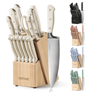 Carote 14 Pcs Knife Set with Wooden Block Stainless Steel Knives with Ergonomic Handle, Forged