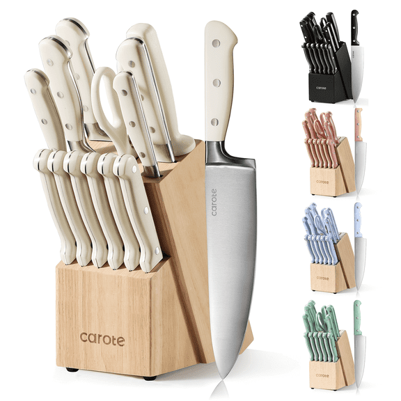 Carote 14 Pcs Knife Set with Wooden Block Stainless Steel Knives with Ergonomic Handle, Forged