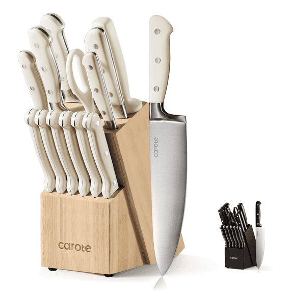 Carote 14 Pcs Knife Set with Wooden Block Stainless Steel Knives with Ergonomic Handle, Forged