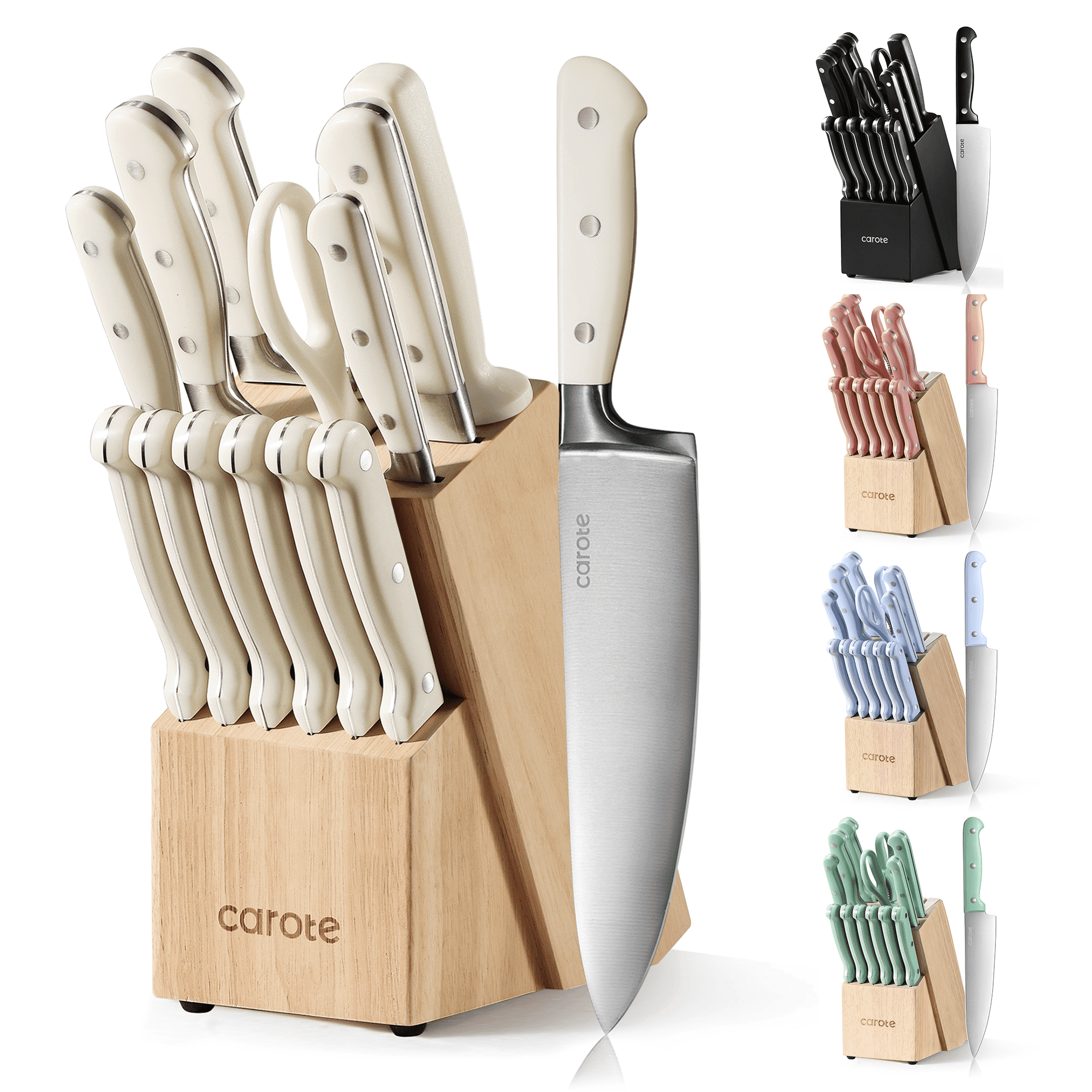Carote 14 Pcs Knife Set with Wooden Block Stainless Steel Knives with Ergonomic Handle, Forged