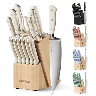 Carote 14 Pcs Knife Set with Wooden Block Stainless Steel Knives with Ergonomic Handle, Forged