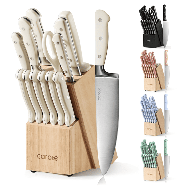Carote 14 Pcs Knife Set with Wooden Block Stainless Steel Knives with Ergonomic Handle, Forged