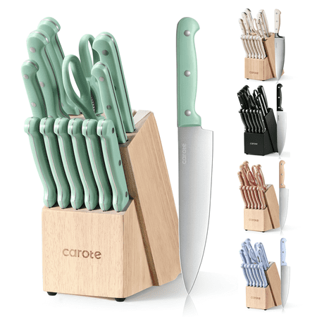 Carote 14 Pieces Knife Set with Wooden Block Stainless Steel Knives, Forged, Green