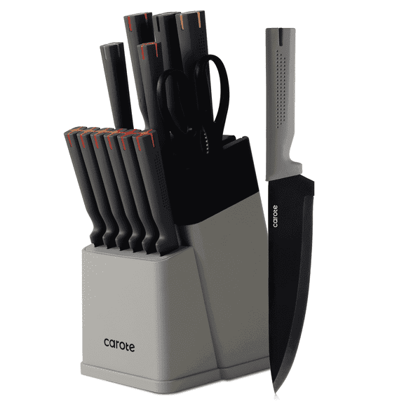 Carote 14Pcs Kitchen Knife Set with Block, Stainless Steel Knives with Anti-Slip Handle, Gray