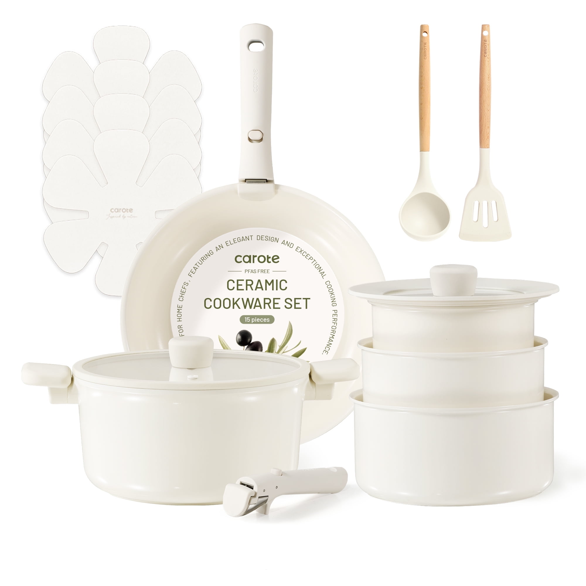 Carote Ceramic Cookware Sets, 15Pcs Detachable Non Toxic Pots and Pans Set, Cream Induction Cookware(图1)