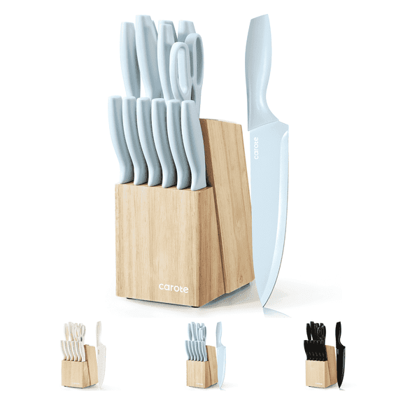 Carote 15-Piece Premium Kitchen Knife Set, Blue Ceramic-Coated Blades with Stylish Wooden Block