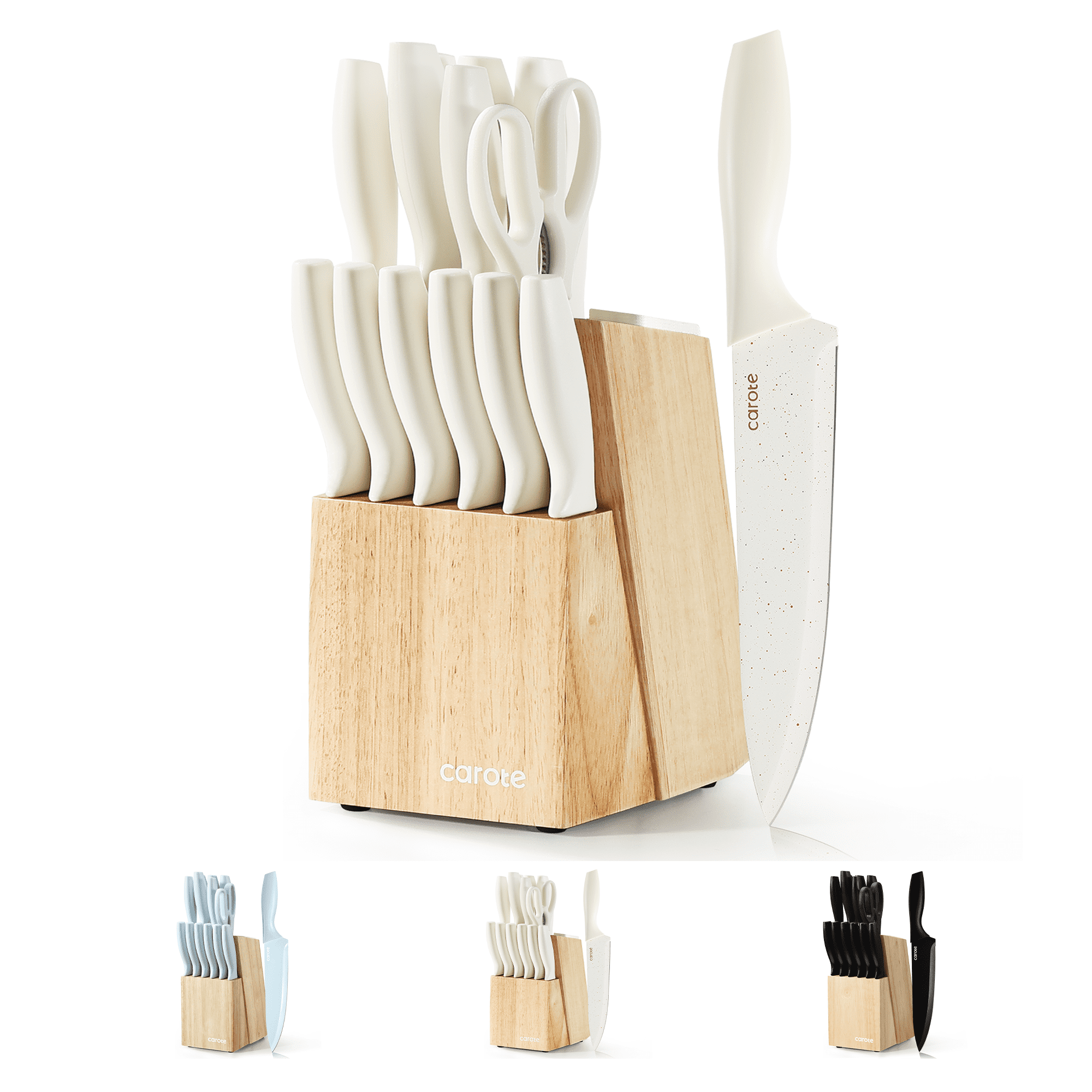 Carote 15-Piece Premium Kitchen Knife Set, White Ceramic-Coated Blades with Stylish Wooden Block - Walmart.com