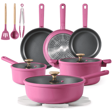 Carote Kitchen Cookware Sets, Nonstick Pots and Pans Set, Induction Cookware, 17 Pcs, Rose Pink