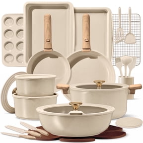 CAROTE 36-Piece Ceramic Cookware Set ,Detachable Nonstick Pots and Pans Setwith Lids, Induction Compatible, Oatmeal