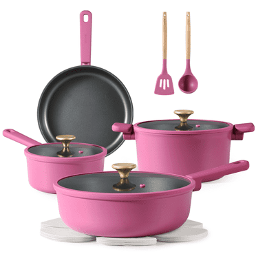 Carote Nonstick Cookware Set 17-Piece,Kitchen Pots and Pans Set,Stay-Cool Handles,Induction Compatible,Cookware Set for RV and Camping,Rose Pink