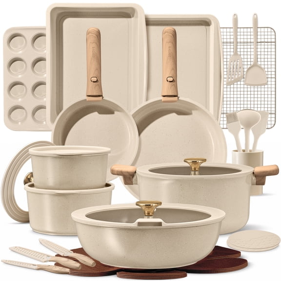 Carote 36-Piece Detachable Nonstick Pots and Pans Set, Ceramic Cookware Set with Lids, Induction Compatible, Oatmeal