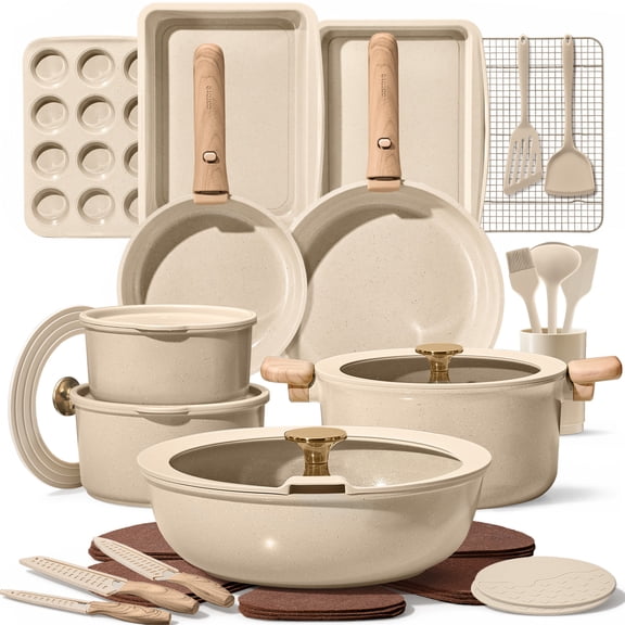 CAROTE 36-Piece Ceramic Cookware Set ,Detachable Nonstick Pots and Pans Setwith Lids, Induction Compatible, Oatmeal