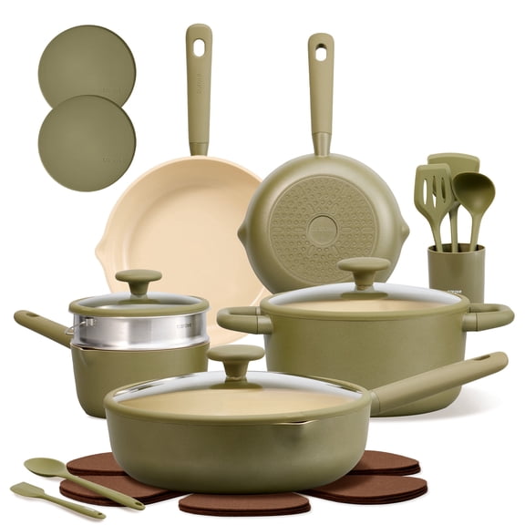 Carote 21-Piece Nonstick Pots and Pans Set, Ceramic Cookware Set with Steamer, Induction Compatible, Green