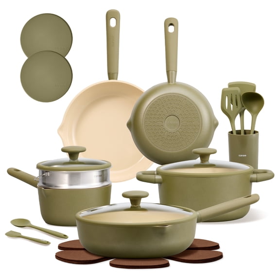 Carote 21-Piece Nonstick Pots and Pans Set, Ceramic Cookware Set with Steamer, Induction Compatible, Green