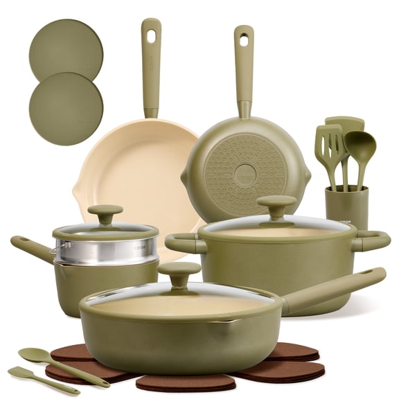 Carote 21-Piece Nonstick Pots and Pans Set, Ceramic Cookware Set with Steamer, Induction Compatible, Green