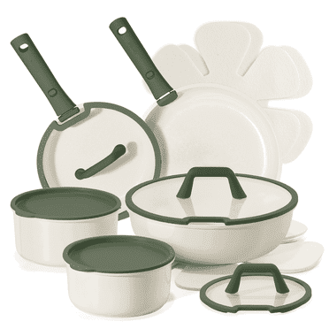 Carote 16Pcs Ceramic Cookware Sets, Nonstick Pots and Pans Set W/ Detachable Handle, Oven & Dishwasher Safe, Dark Green