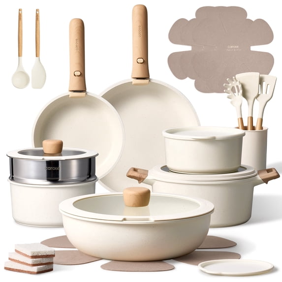 CAROTE 27-Piece Nonstick Cookware Set, Pots and Pans Set with Detachable Handle, Induction Compatible, Oven & Dishwasher Safe, White