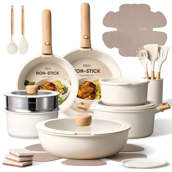 Carote 27-Piece Nonstick Cookware Set, Pots and Pans Set with Detachable Handle, Induction Compatible, Oven & Dishwasher Safe, White