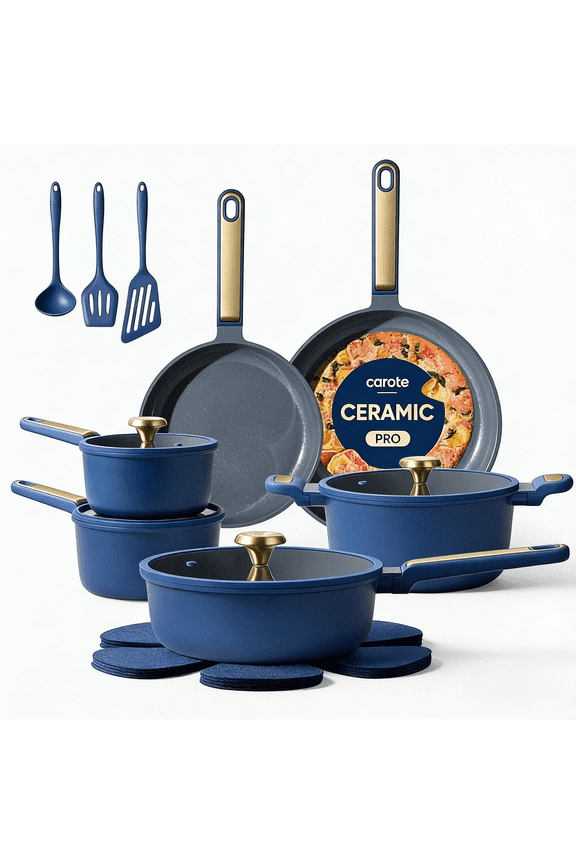 18-Piece Pots and Pans Set, Ceramic Nonstick Cookware Set with Utensils,Induction Compatible, Deep Blue
