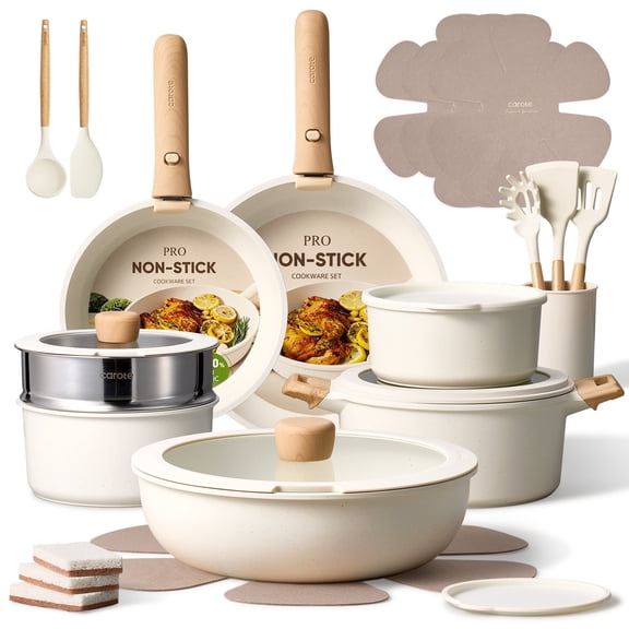 Carote 27-Piece Nonstick Cookware Set, Pots and Pans Set with Detachable Handle, Induction Compatible, Oven & Dishwasher Safe, White