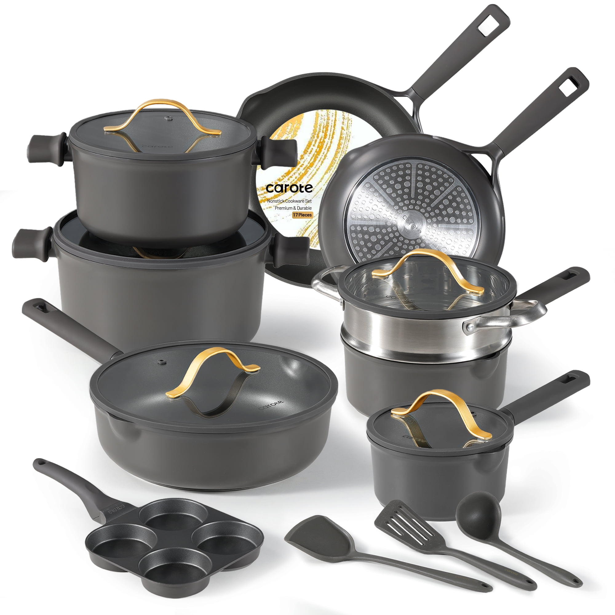 Carote 17 Pcs Nonstick Cookware Sets, Premium Pots and Pans Set, Easy to Clean, Grey and Gold