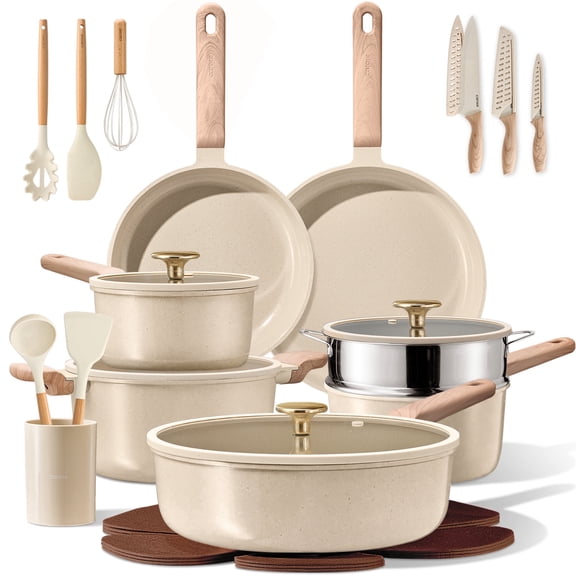 Carote 28-Piece Nonstick Pots and Pans Set, Ceramic Cookware Set with Lids, Induction Compatible, Oatmeal