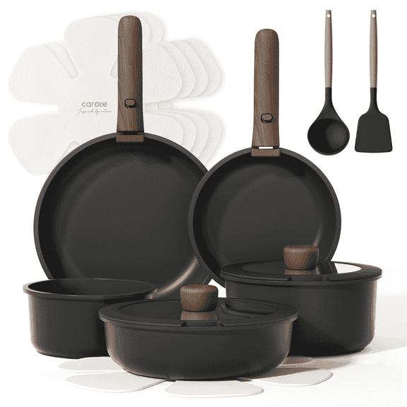 Carote 15 Pcs Nonstick Cookware Sets, Granite Non Stick Pots and Pans with Removable Handles, Oven Safe, Induction Compatible, Black