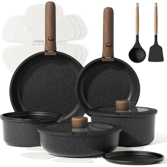 Carote 15 Pcs Nonstick Cookware Sets, Granite Non Stick Pots and Pans with Removable Handle, Induction Cookware, Black