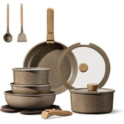 CAROTE 17-Piece Nonstick Cookware Set with Detachable Handle, Induction Compatible, Oven Safe, Brown Pots and Pans for Kitchen & RV