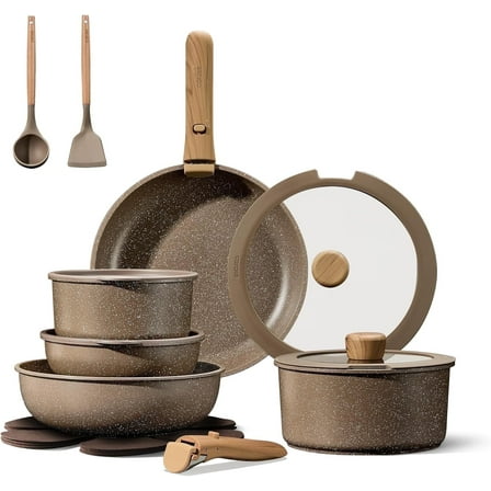 CAROTE 17-Piece Nonstick Cookware Set with Detachable Handle, Induction Compatible, Oven Safe, Brown Pots and Pans for Kitchen & RV