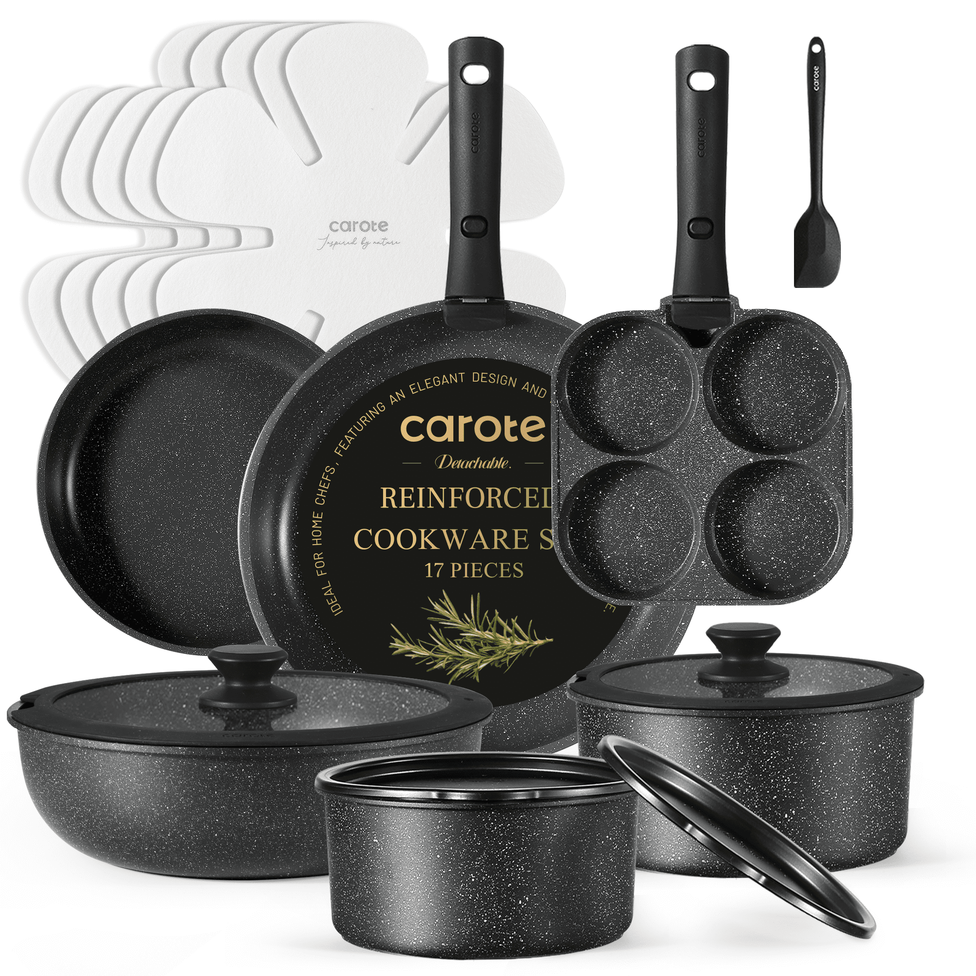 Carote 17pcs Nonstick Cookware Set, Granite Reinforced Non Stick Pots and Pans Set Removable Handle