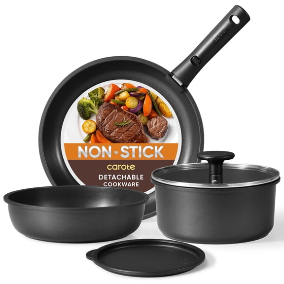 Carote 6 Pcs Pots and Pans Nonstick, Cookware Set with Detachable Handles, Oven Safe, Induction Ready, Stackable Kitchen Cooking Set, Black