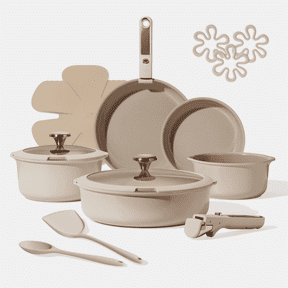 Carote 18 Pcs Ceramic Cookware Sets, Nonstick Pots and Pans with Detachable Handles, Oven Safe, Induction Cookware, Stackable Kitchen Set, Taupe